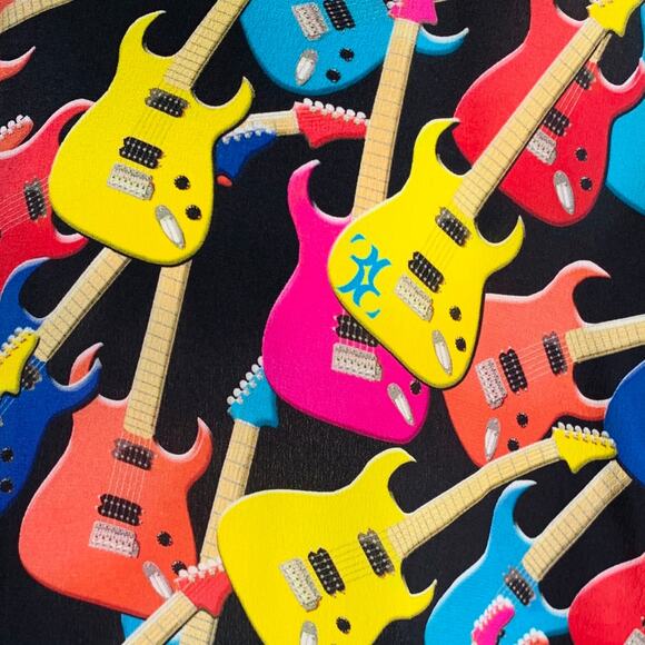 BILLIONAIRE COUTURE Size XL Black Multi Color Guitars Silk Long Sleeve Shirt - Picture 2 of 5